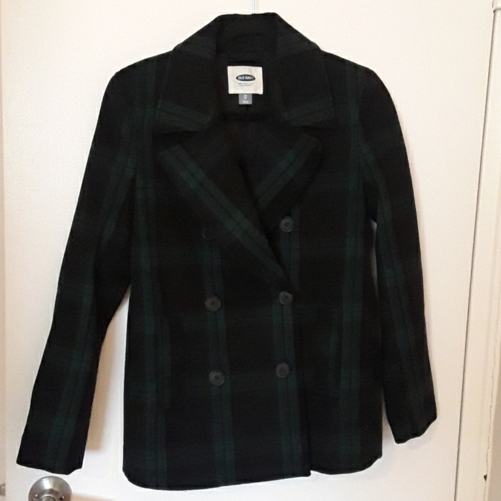 EUC navy/green  plaid peacoat
